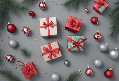 The primary subject of the image is a collection of wrapped presents, which are the main objects in the scene. The presents are placed on a gray surface, which serves as the background. The visual style of the image is a combination of photo and digital art, creating a realistic yet artistic representation of the presents. The colors and mood of the image are predominantly red and green, which are associated with Christmas and holiday celebrations.
